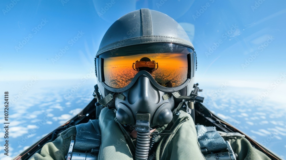 A skilled pilot navigates the skies, clad in a mask and helmet, ready for action in the cockpit of a fighter jet. A skilled pilot navigates the skies, clad in a mask and helmet, ready for action in the cockpit of a fighter jet.