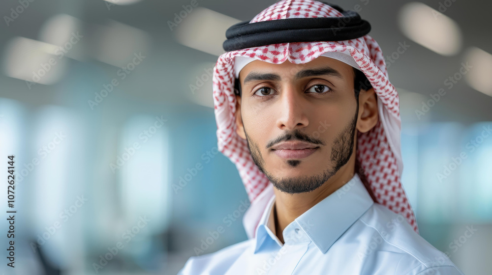 Strong Arab businessman leads a meeting, exuding confidence and professionalism in a sleek modern office.