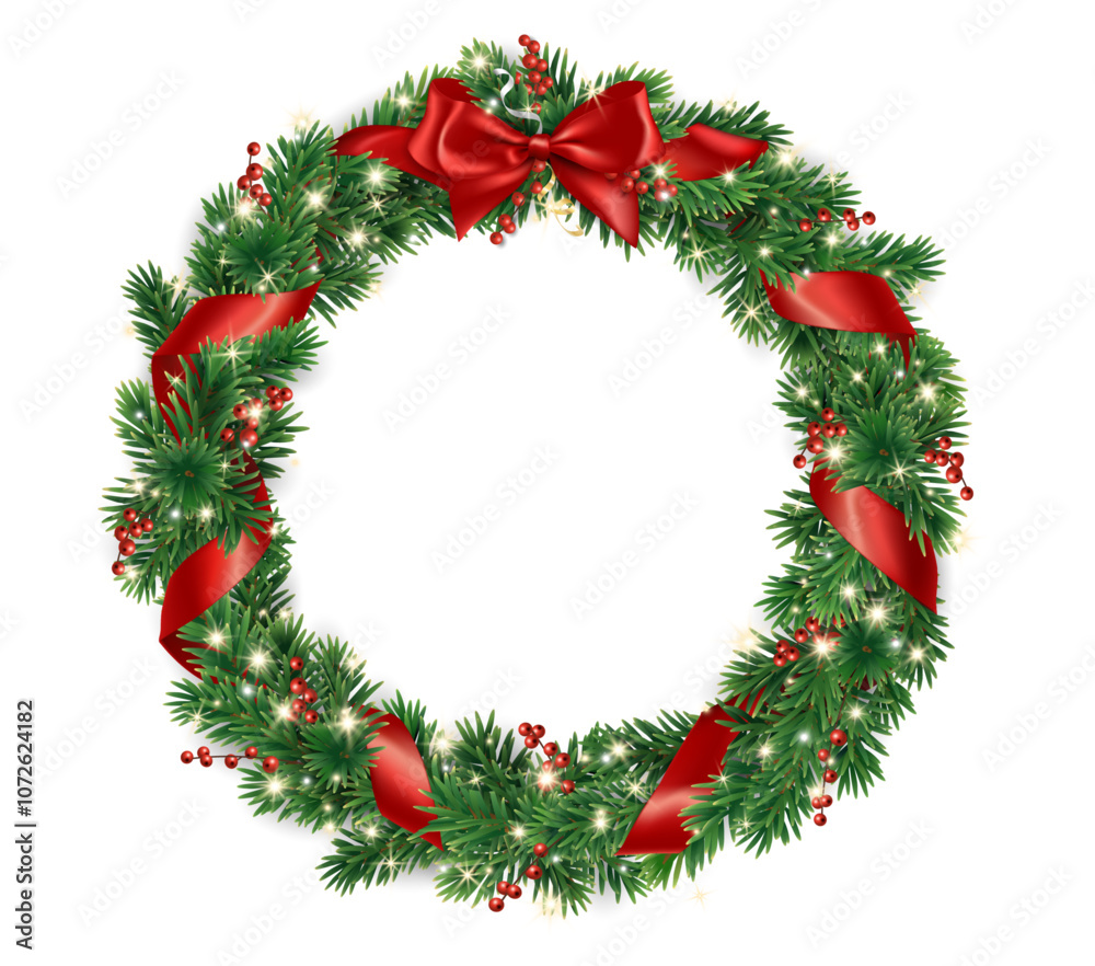 Christmas tree wreath. Realistic pine tree branches with red bow and ribbons. Decoration for holiday banners, party posters, cards, headers, social media. Transparent background in vector file. Christmas tree wreath. Realistic pine tree branches with red bow and ribbons. Decoration for holiday banners, party posters, cards, headers, social media. Transparent background in vector file.