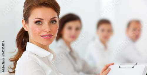 A confident businesswoman presents her ideas using a flipchart in a modern boardroom, engaging her attentive colleagues.