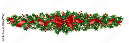 Christmas tree garland. Realistic pine tree branches with red bow and ribbons. Decoration for holiday banners, party posters, cards, headers, social media. Transparent background in vector file.