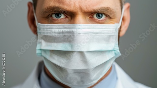 Skilled doctor in a white coat and mask stands confidently in the hospital, ready to care for his patients. photo