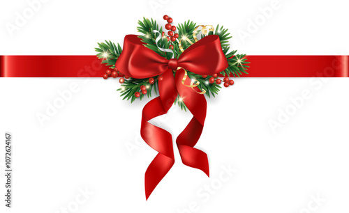 Realistic pine tree branches with red bow and ribbons. Christmas tree decoration for holiday banners, party posters, cards, headers, social media. Transparent background in vector file.