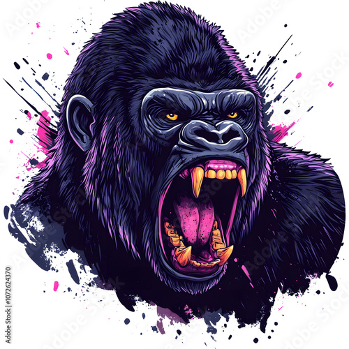 angry gorilla head. Graphic design of a t-shirt, with perfect colors in a digital drawing style photo