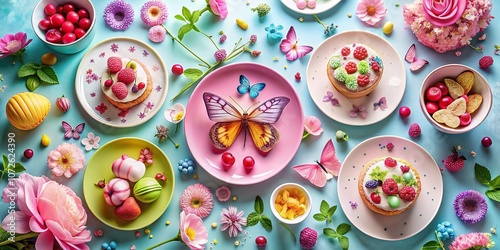 Adorable Food Photography Featuring Whimsical Cute Pink Butterflies Among Delicious Treats and Dishes, Perfect for Celebrating Spring and Enhancing Culinary Aesthetics