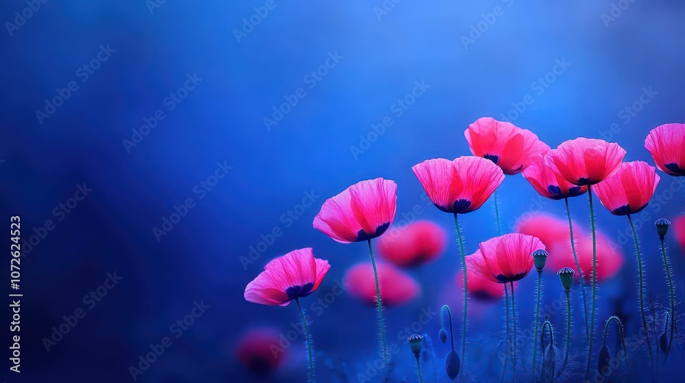 Fototapeta premium Experience the beauty of vibrant poppy flowers blooming in a serene landscape, showcasing natures colorful art.