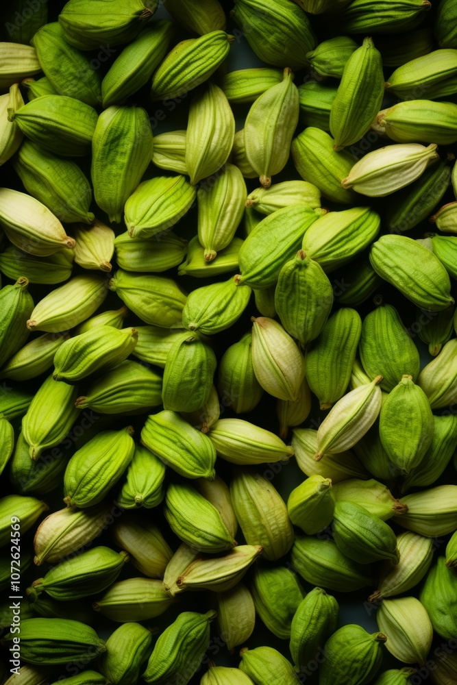 A close-up of green cardamom pods, filling the frame. A close-up of green cardamom pods, filling the frame.