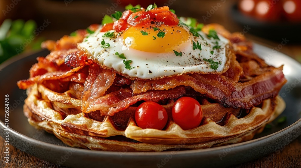 Indulge in a gourmet breakfast with crispy bacon, sunny eggs, and vibrant cherry tomatoes atop fluffy waffles. Indulge in a gourmet breakfast with crispy bacon, sunny eggs, and vibrant cherry tomatoes atop fluffy waffles.