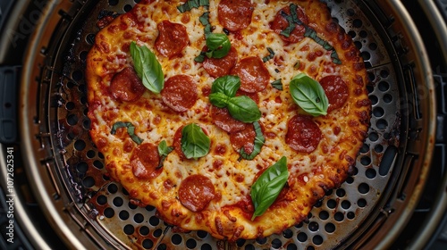 Making a Pizza in an Air Fryer: Fast Food Idea Seen from Above. photo