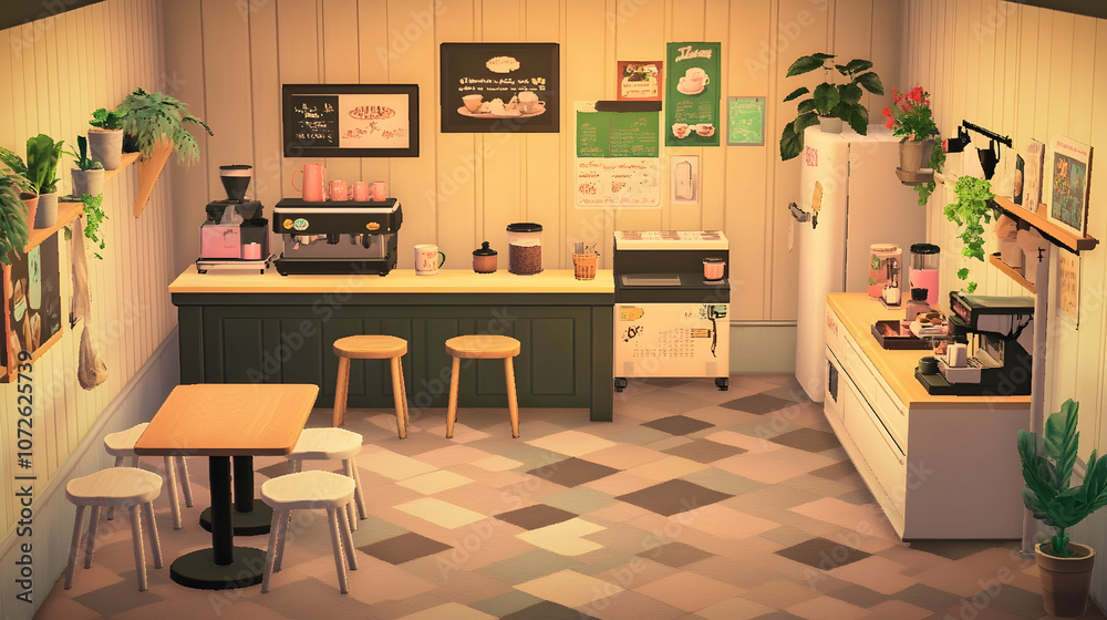 A cozy and inviting cafe interior with a green counter, a wooden table, and two stools. There are plants on the shelves and a refrigerator in the background. A cozy and inviting cafe interior with a green counter, a wooden table, and two stools. There are plants on the shelves and a refrigerator in the background.