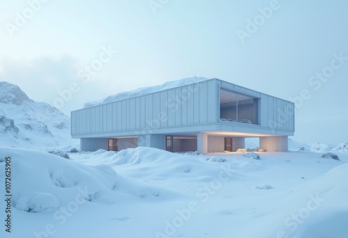 Modern architecture set against a snowy mountain landscape during early morning light in a tranquil winter environment