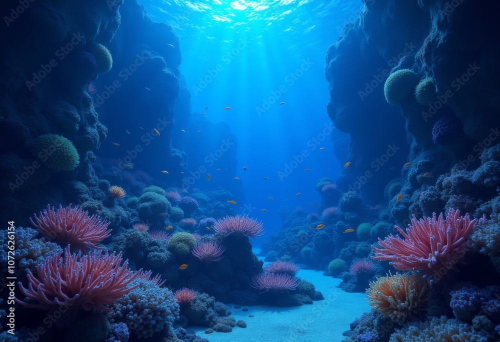 Obraz premium Exploring a vibrant coral reef in bright sunlight beneath crystal-clear ocean waters teeming with colorful marine life