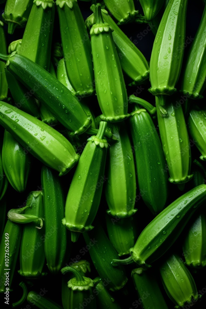 A close-up shot of fresh, green okra pods arranged in a pattern. A close-up shot of fresh, green okra pods arranged in a pattern.
