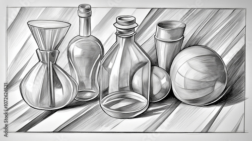 Still life of glass bottles and vases, simple pencil drawing, black and white, flat design, simple lines, simple shapes, minimalistic, low detail.