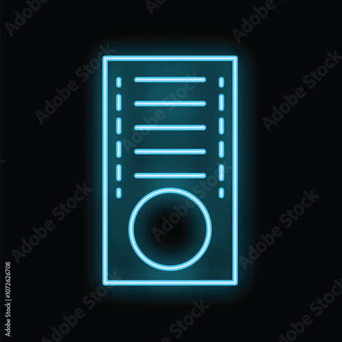 Blue neon computer case icon is glowing against a black background