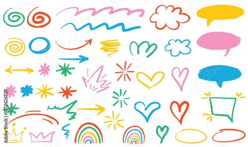 Vector Set of Hand Draw Elements. Colorful Doodle Expression Shapes, Scratch, Expressive Graphic Effects for Design