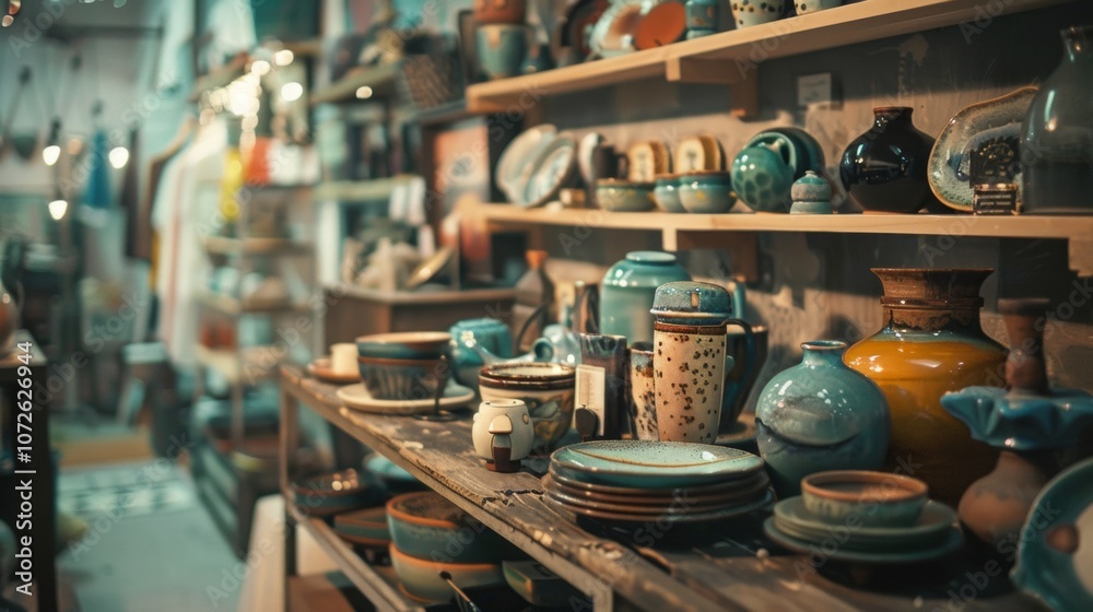 Rustic pottery collection on display in artisan shop Rustic pottery collection on display in artisan shop