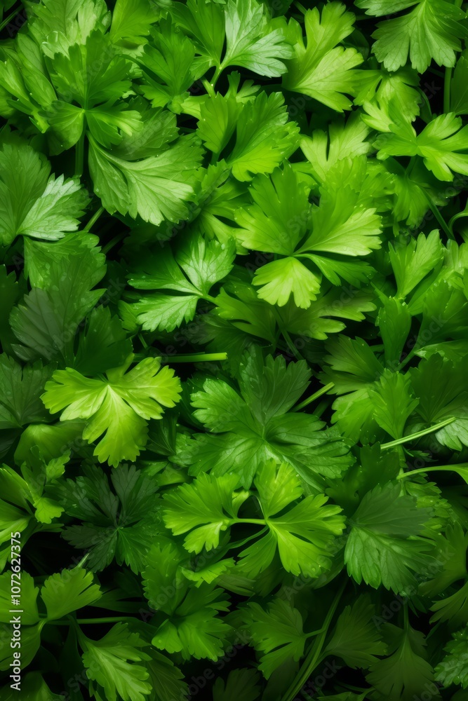 A close-up view of fresh green parsley leaves arranged in a dense pattern. A close-up view of fresh green parsley leaves arranged in a dense pattern.