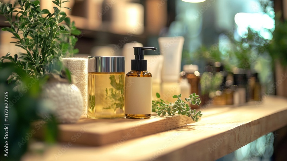 Natural skincare products with plants on wooden table Natural skincare products with plants on wooden table