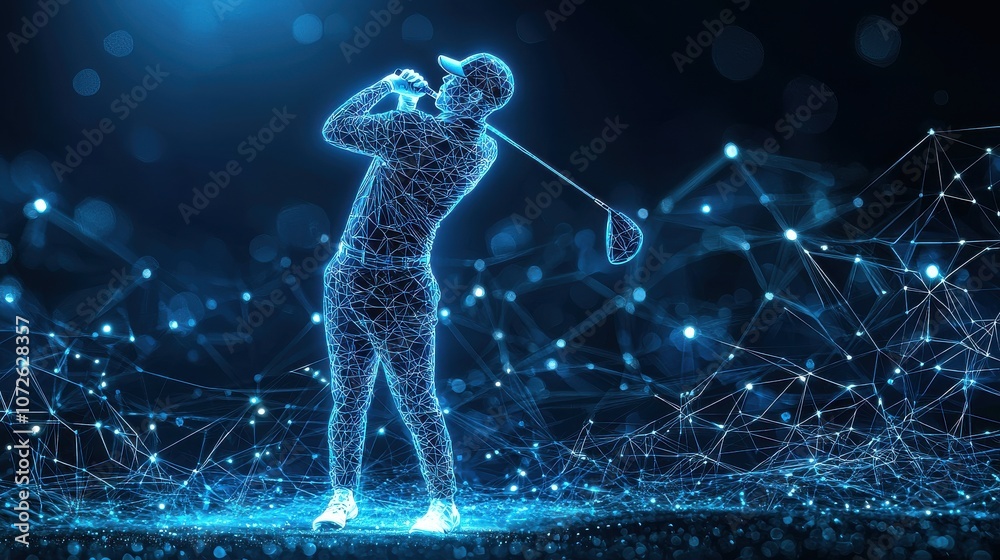 Explore the dynamic fusion of golf and technology through a stunning golfer figure set against futuristic glowing blue geometry