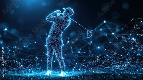 Obraz na płótnie Explore the dynamic fusion of golf and technology through a stunning golfer figure set against futuristic glowing blue geometry w salonie