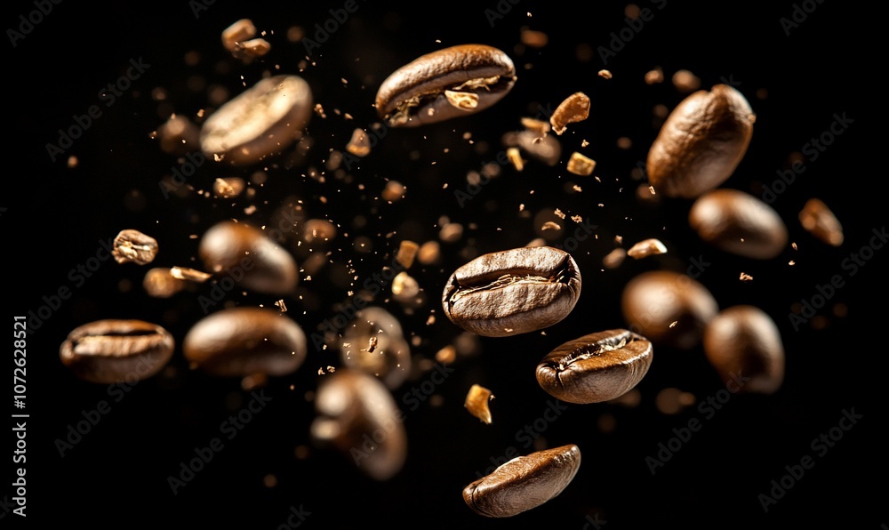 Roasted coffee beans and grounds flying in mid air against a black background. Roasted coffee beans and grounds flying in mid air against a black background.