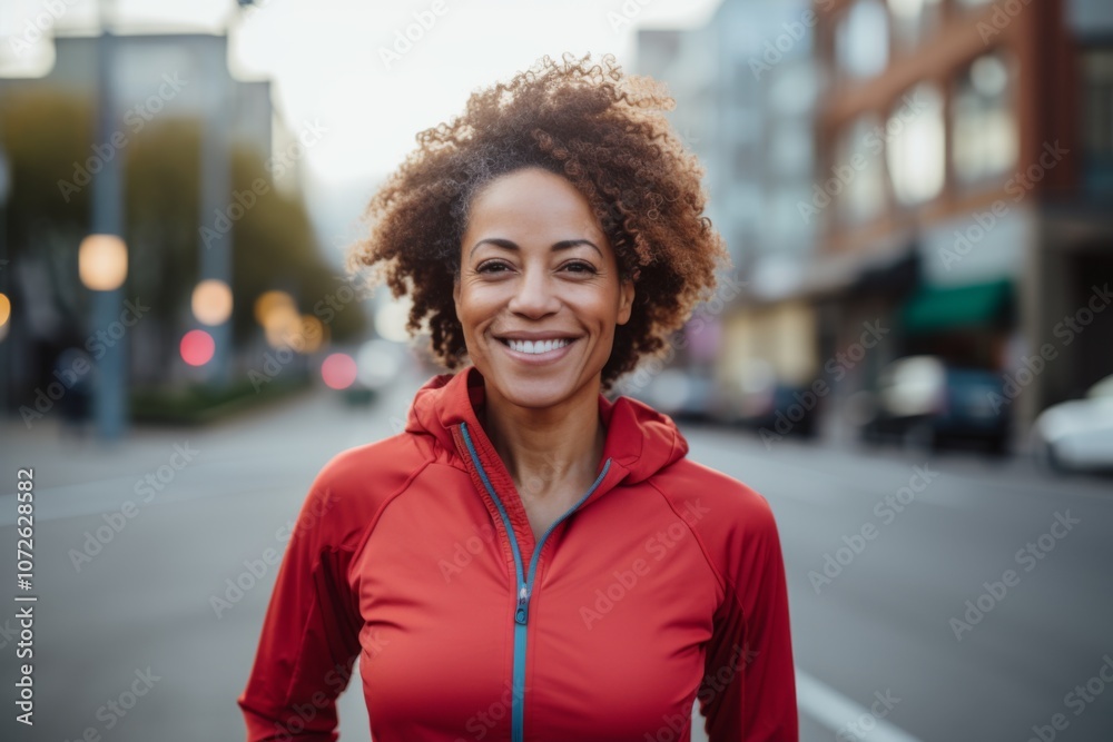 Fototapeta premium Portrait of a middle aged body positive woman in sporty clothes outside