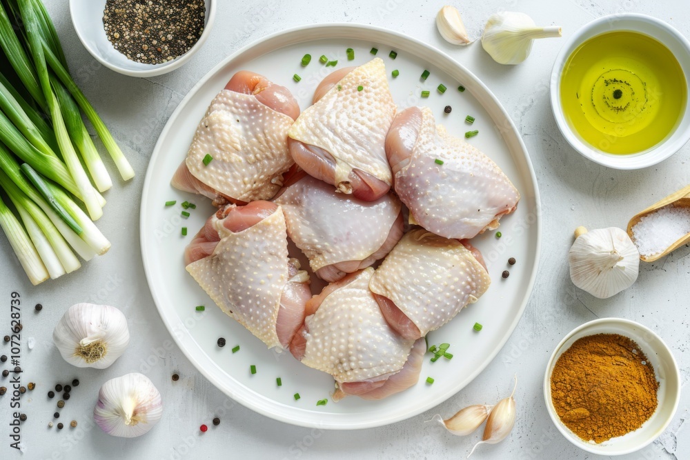 Raw chicken tights arranged on white plate Raw chicken tights arranged on white plate