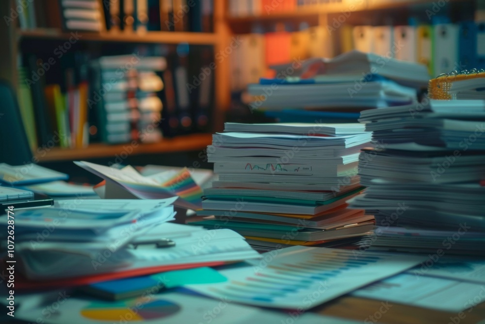 Collection of business analytics charts and graphs stacked on each other on paper on desk in office Collection of business analytics charts and graphs stacked on each other on paper on desk in office