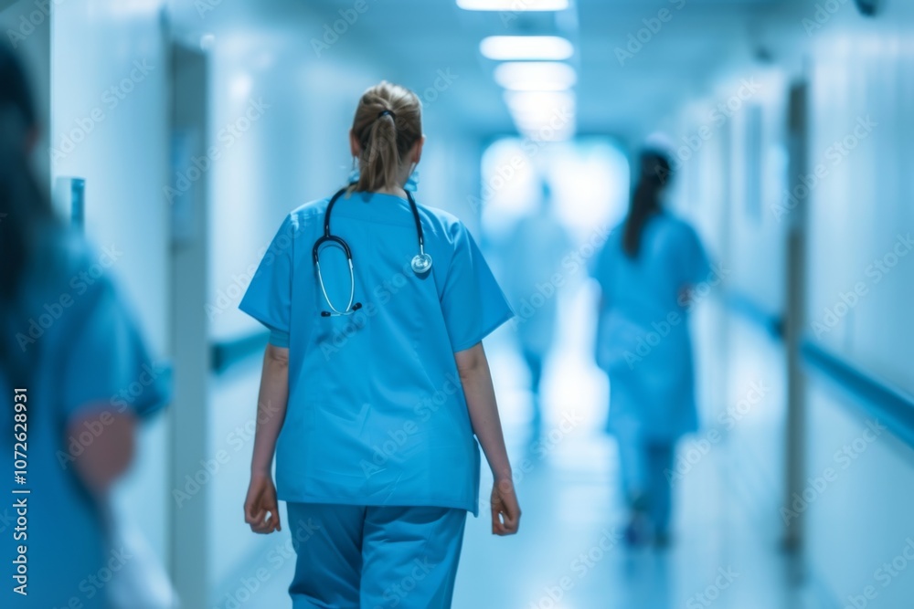 Blurred background of a doctor and nurses in hospital interior Blurred background of a doctor and nurses in hospital interior