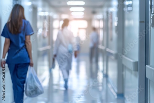 Blurred background of a doctor and nurses in hospital interior