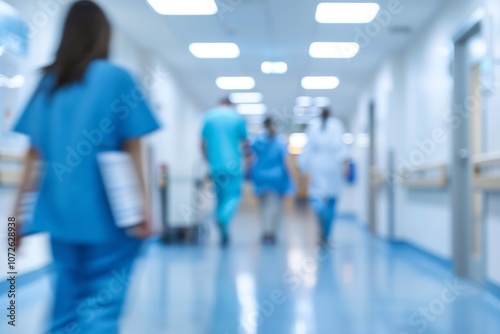 Blurred background of a doctor and nurses in hospital interior