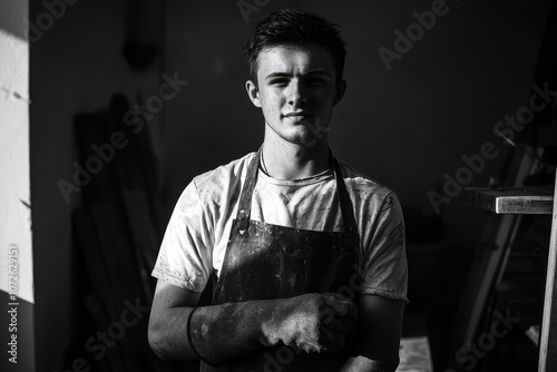 Handwerker Porträt Industriekulisse Sonneneinstrahlung Schutzhelm Sicherheitsbrille konzentrierter Blick Arbeitskleidung moderner Arbeiter Baustelle Werkhalle professionelles Auftreten Industrieambien photo