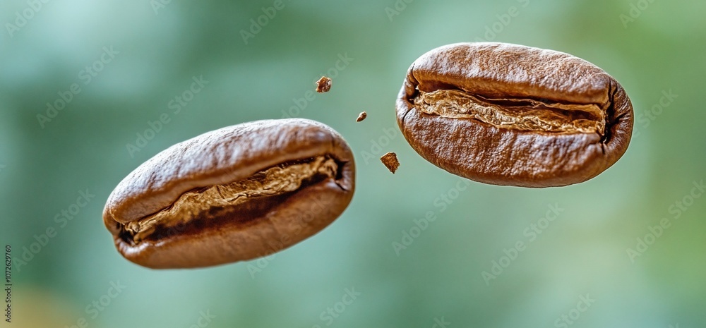 Two roasted coffee beans floating in the air against a blurred green background. Two roasted coffee beans floating in the air against a blurred green background.