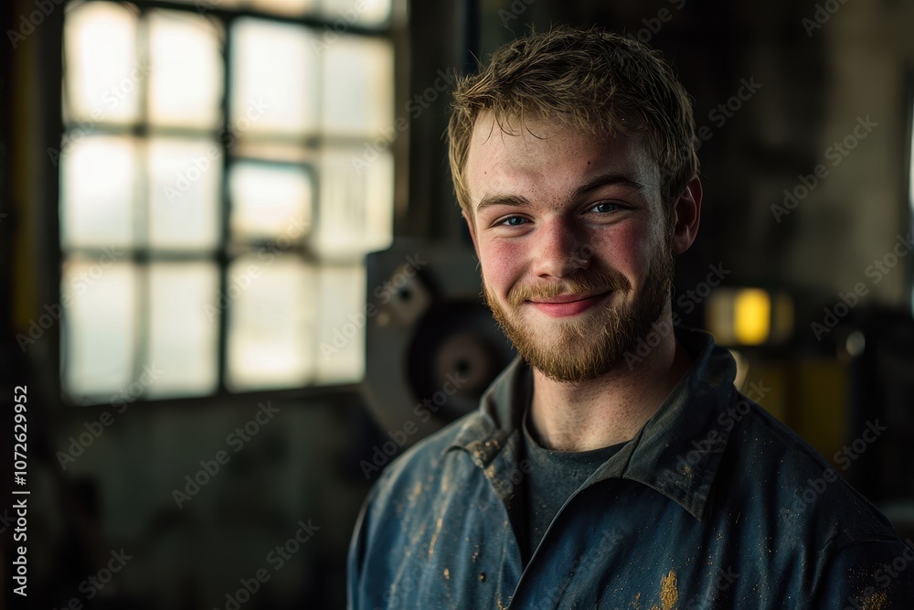Junger Metallarbeiter Porträt Werkstatt Industriekulisse Licht und Schatten männlich konzentriert Gesicht Nahaufnahme authentisch Handwerk Arbeit rustikal Sonnenlicht Charakter industriell