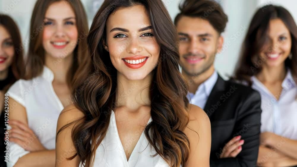 Professional businesswoman in office setting, with crossed arms, wearing business attire, leading a team. Professional businesswoman in office setting, with crossed arms, wearing business attire, leading a team.