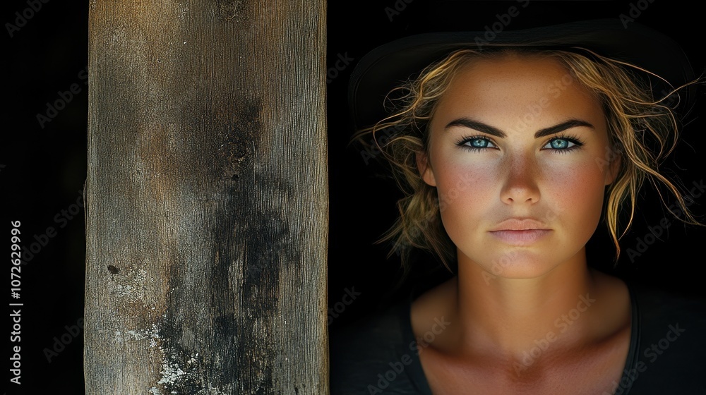 Fototapeta premium A woman with a black hat and blue eyes stands in front of a wooden post. The photo has a moody, mysterious feel to it, as the woman's gaze is directed towards the camera