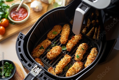 Crispy breaded snacks in air fryer with sauce photo