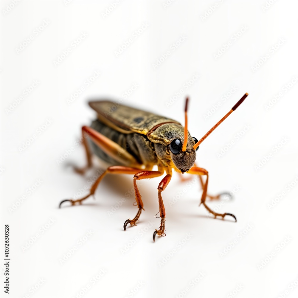 Close-up photo of a brown and orange insect. Insect with long antennae on white background. Bug with big eyes on isolated backdrop. Macro photography of nature. Close-up photo of a brown and orange insect. Insect with long antennae on white background. Bug with big eyes on isolated backdrop. Macro photography of nature.