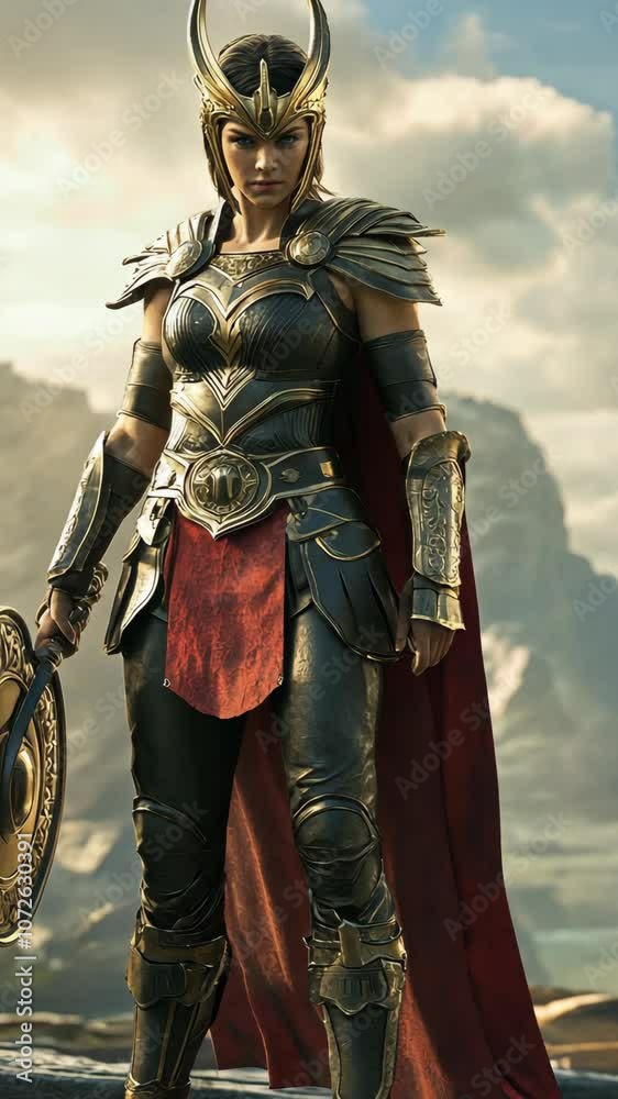 A warrior woman stands strong, clad in golden and black armor, holding a shield A warrior woman stands strong, clad in golden and black armor, holding a shield
