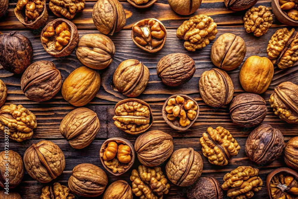 Aerial View of Aged Walnut Wood Texture Background Capturing Natural Patterns and Warm Tones for Design and Decorative Uses in High-Quality Stock Photography