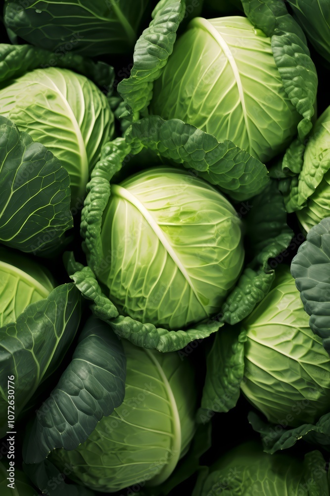 Fresh green cabbages in a close-up overhead shot, showing the texture of the leaves. Fresh green cabbages in a close-up overhead shot, showing the texture of the leaves.