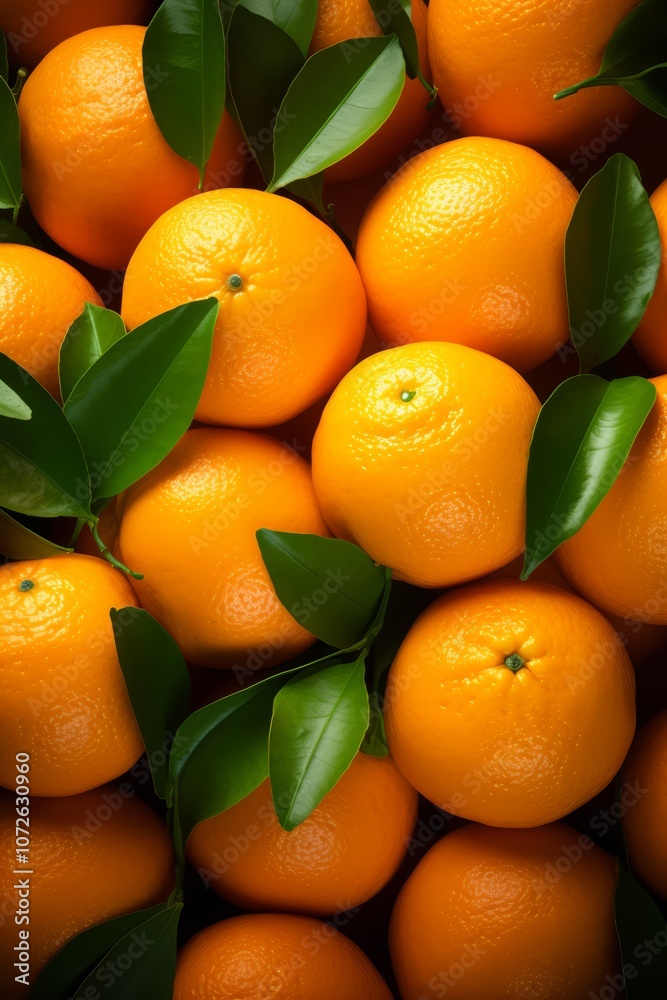 Fresh oranges with green leaves, arranged in a close-up, top-down view. Fresh oranges with green leaves, arranged in a close-up, top-down view.