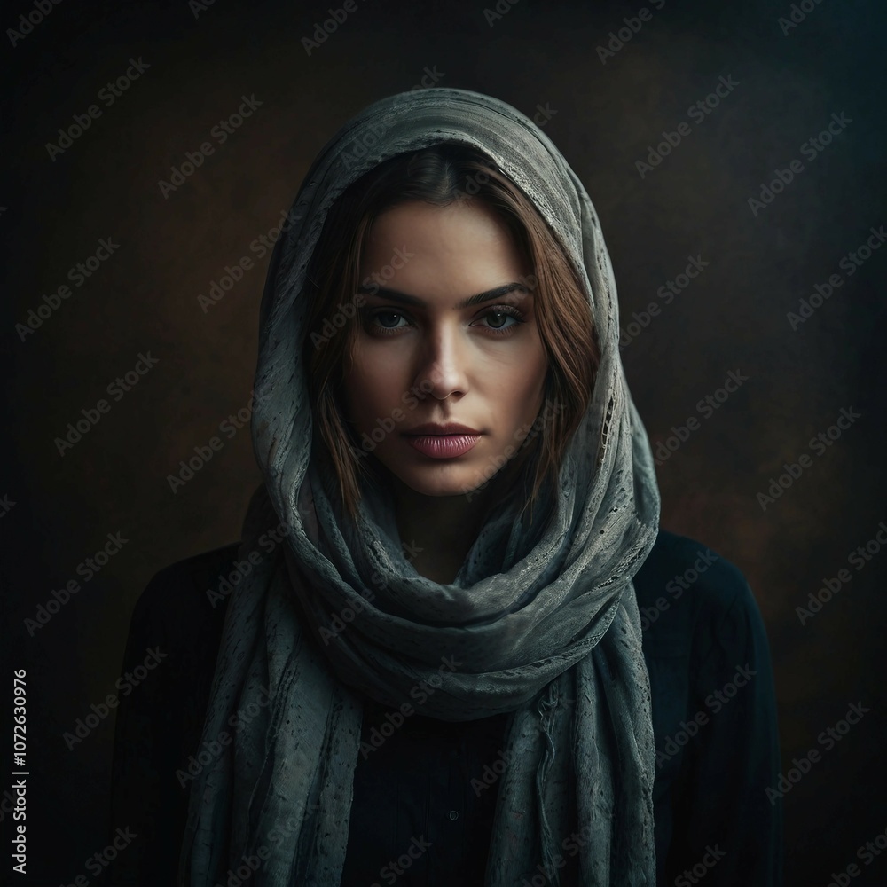 'Moody' portrait of a woman with a grey scarf 'Moody' portrait of a woman with a grey scarf