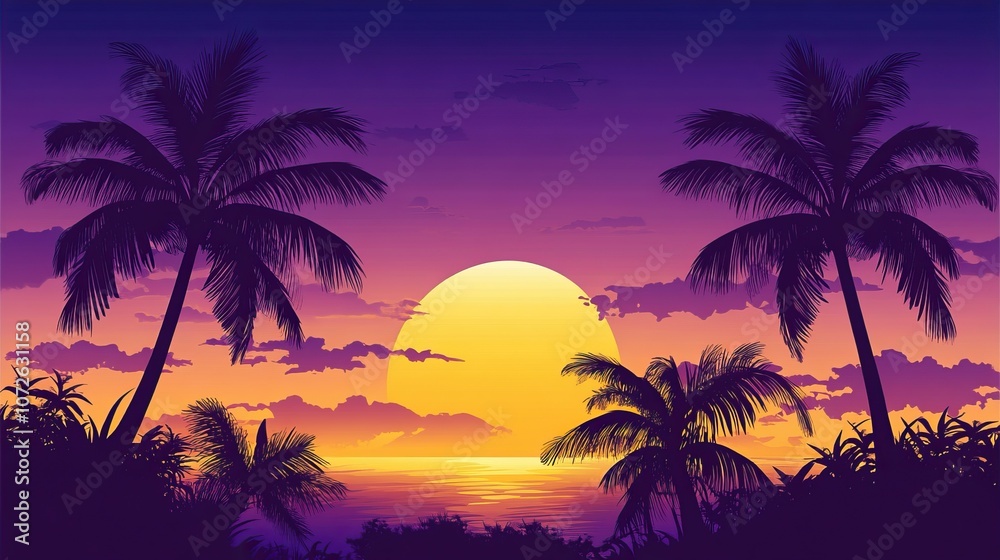 Vibrant sunset over tropical beach with palm trees at dusk, ideal for relaxing vacations - travel agencies advertising concept Vibrant sunset over tropical beach with palm trees at dusk, ideal for relaxing vacations - travel agencies advertising concept