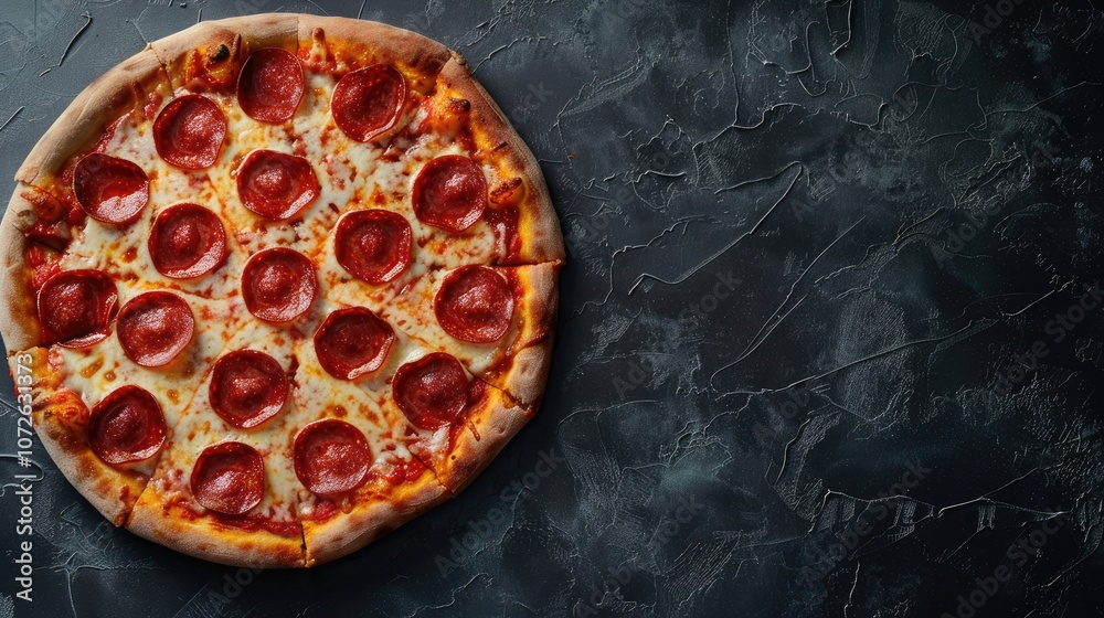 Hot pepperoni pizza on dark table in flat lay composition with text space. Hot pepperoni pizza on dark table in flat lay composition with text space.