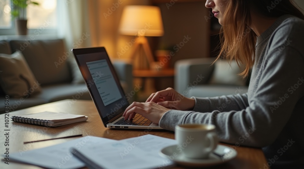 Person Working from Home at a Desk with a Laptop and Papers
