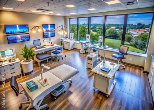 Aerial View of a Modern Dermatology Clinic Specializing in Laser Cosmetic Surgery and Skin Resurfacing with Advanced Equipment and Professional Environment