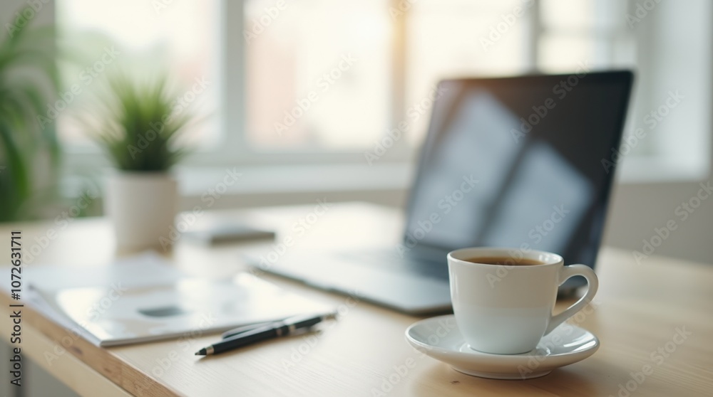 Modern Home Office Desk with Laptop, Coffee, and Plant Modern Home Office Desk with Laptop, Coffee, and Plant