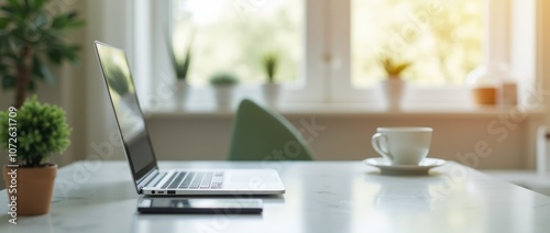 Wallpaper Mural Modern Home Office Desk with Laptop, Coffee, and Plant Torontodigital.ca